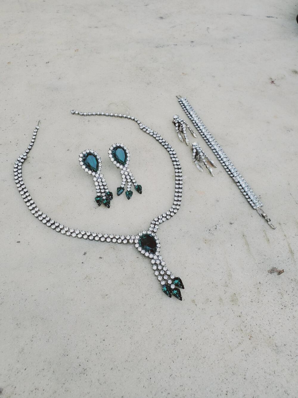 Crystal CZ Emerald Green Statement Bridal Prom Necklace Bracelet Earrings Set